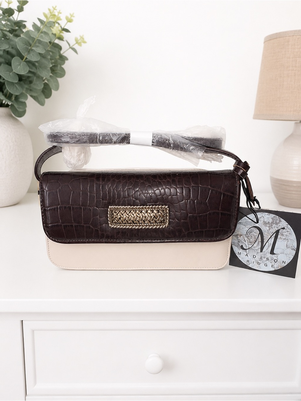 Two-Tone Croc-Embossed Shoulder Bag in Dark Brown and Cream